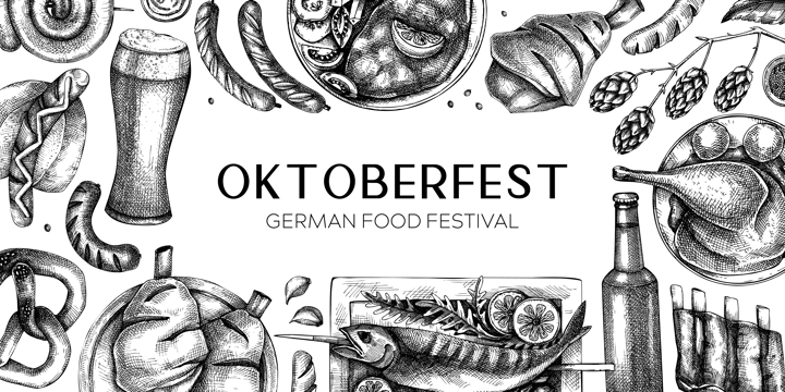 Oktoberfest background. German food and drinks menu design template. Meat dishes sketches. German cuisine vintage frame. Traditional beer festival banner. Oktoberfest party